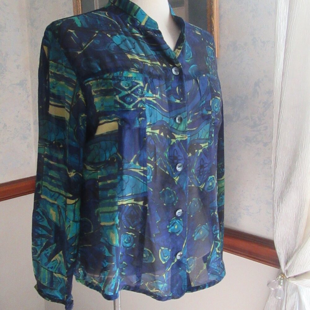 100% Silk Sheer Blue Print Long Sleeved Button Down Blouse Size 1